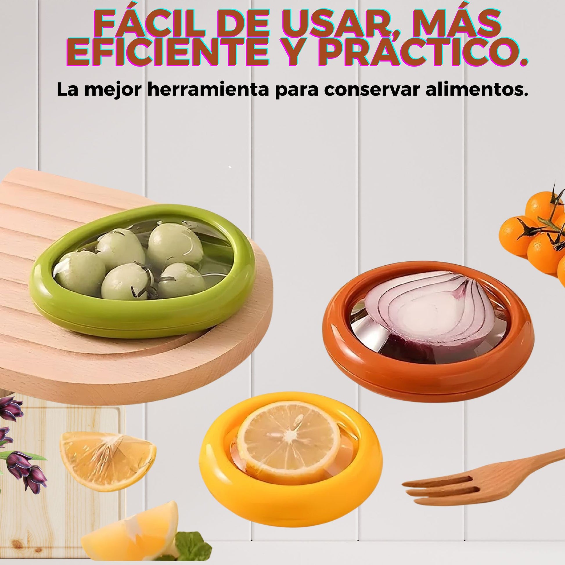 "Fácil de usar y reutilizable: gira y sella en segundos para conservar la frescura de tus frutas y verduras."