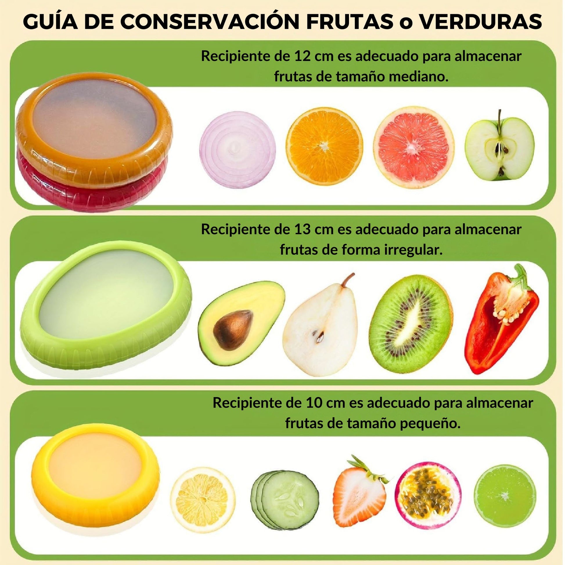 "Fácil de usar y reutilizable: gira y sella en segundos para conservar la frescura de tus frutas y verduras."