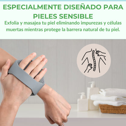 Cepillo exfoliante de silicona ecológica, ideal para pieles sensibles.