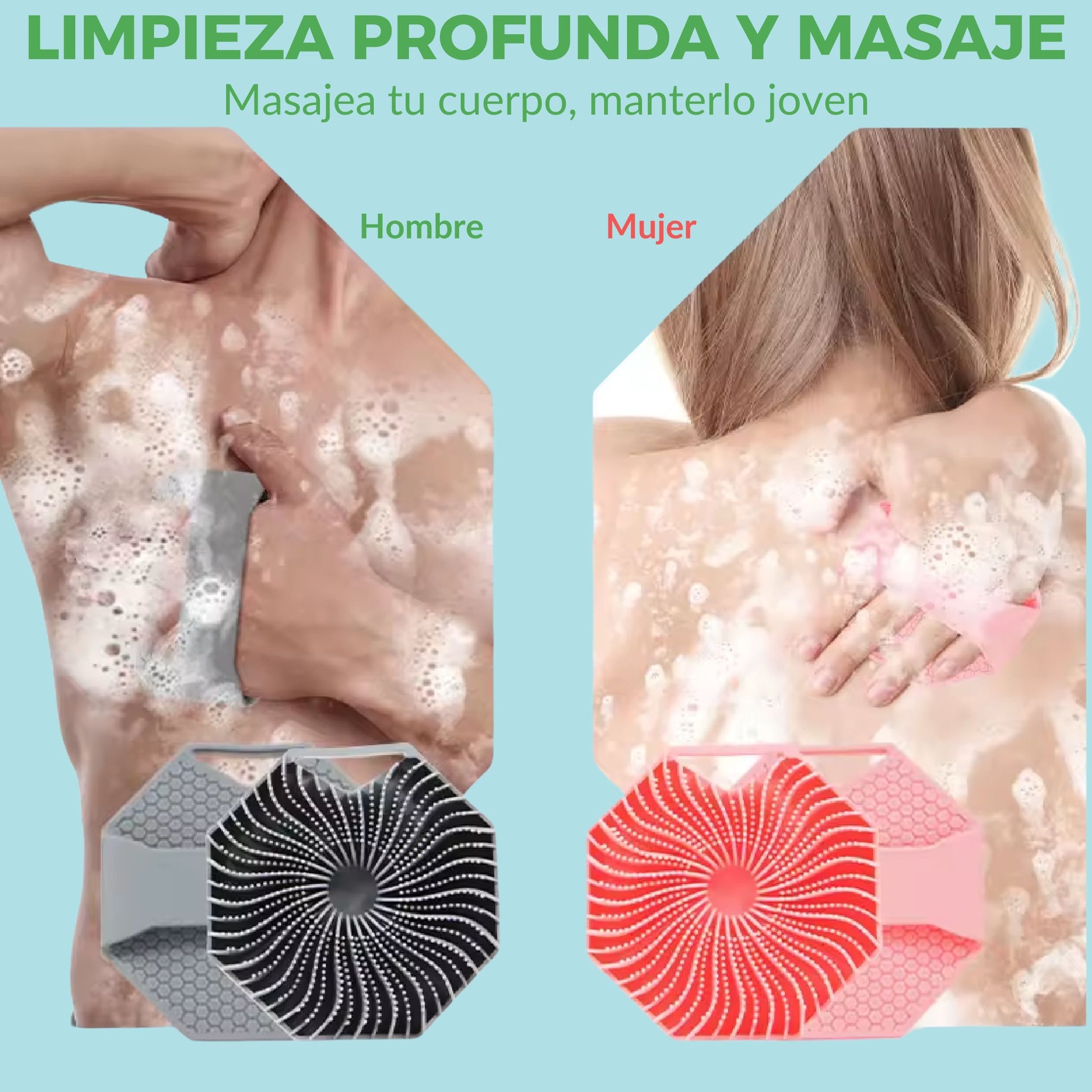 Cepillo exfoliante de silicona ecológica, ideal para pieles sensibles.