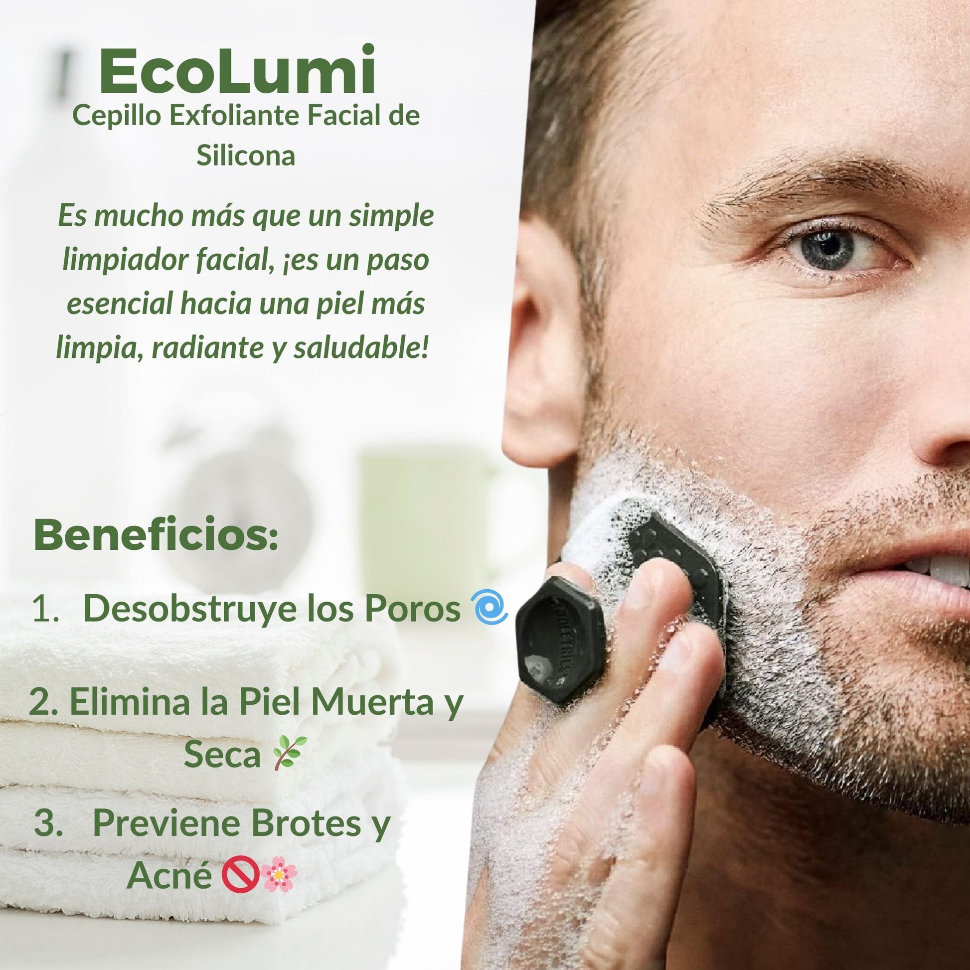 EcoLumi es un cepillo exfoliante facial de silicona que limpia profundamente, elimina impurezas y mejora la suavidad de la piel.