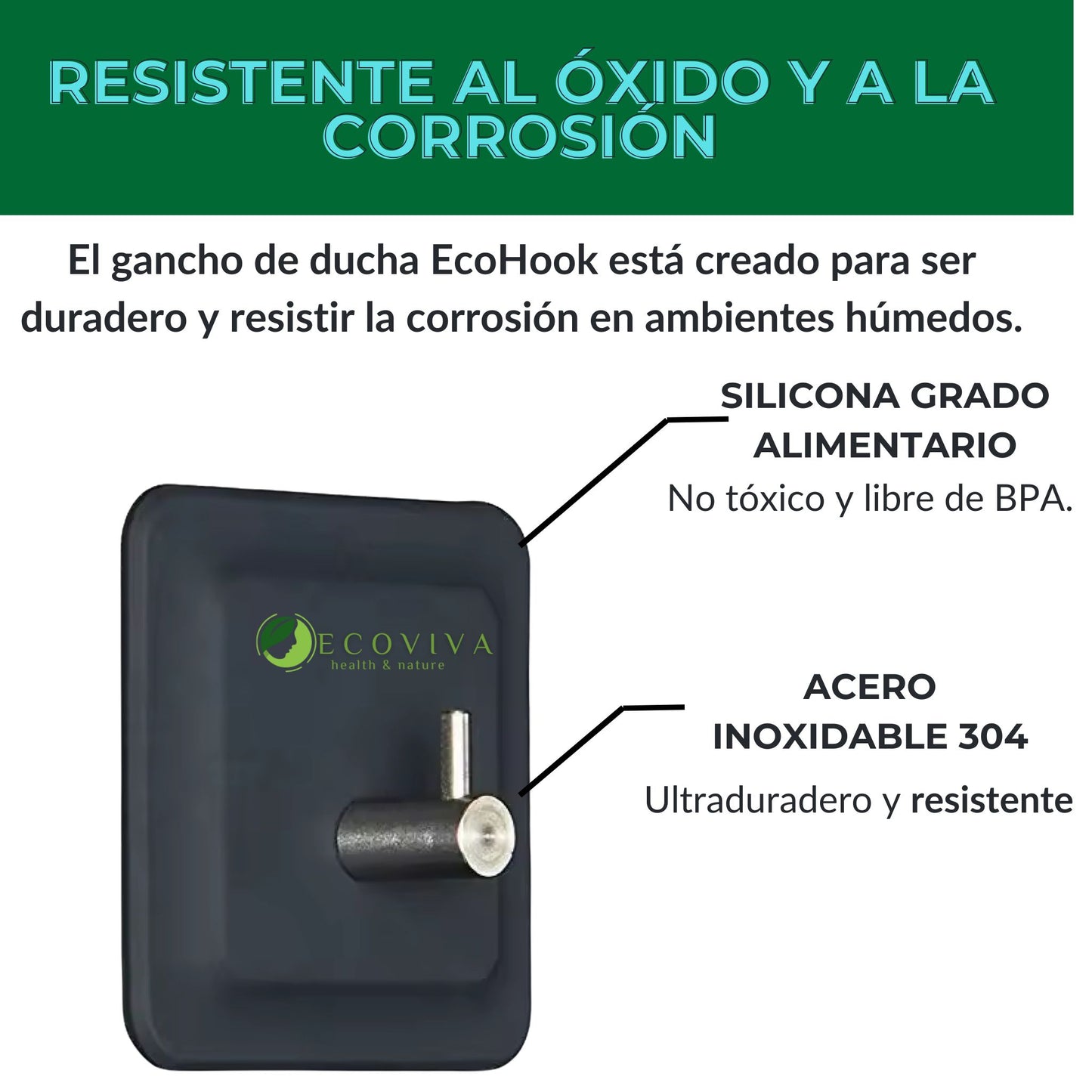 "Gancho EcoHook para baño, fabricado en silicona y acero inoxidable, ofrece una solución práctica y elegante para organizar tu espacio de forma duradera y eficiente."