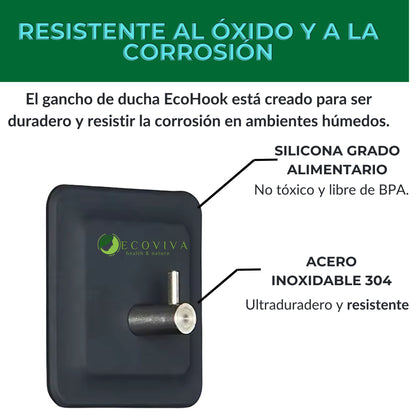 "Gancho EcoHook para baño, fabricado en silicona y acero inoxidable, ofrece una solución práctica y elegante para organizar tu espacio de forma duradera y eficiente."